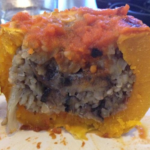 stuffed pumpkin filling with mushrooms and rice at Vegetariano El Calafate in Malaga
