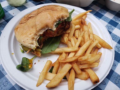 Cheeseburger and fries! at Secret Vegan Cafe in Kingston