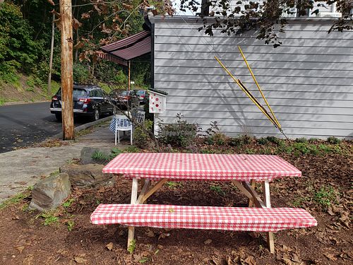 Outdoor seating and free library kiosk at Secret Vegan Cafe in Kingston