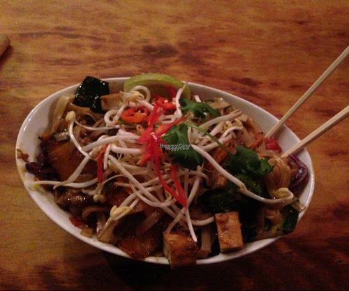 great tofu and fresh seasonal veggies with rice noodles at Taco Joes in Byron Bay
