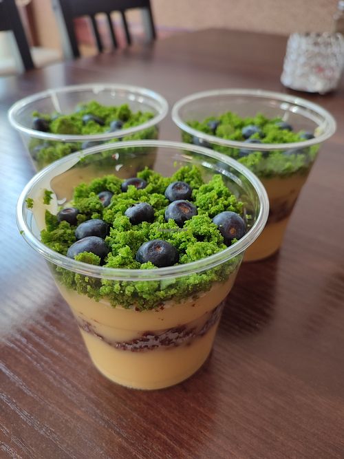 Waniliowy pudding z zielonym ciastem i borówką at Wege Jadło in Gryfino