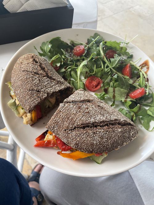 Hummus and roasted veg baguette   at Inas Coffee and Bio Store in Corfu