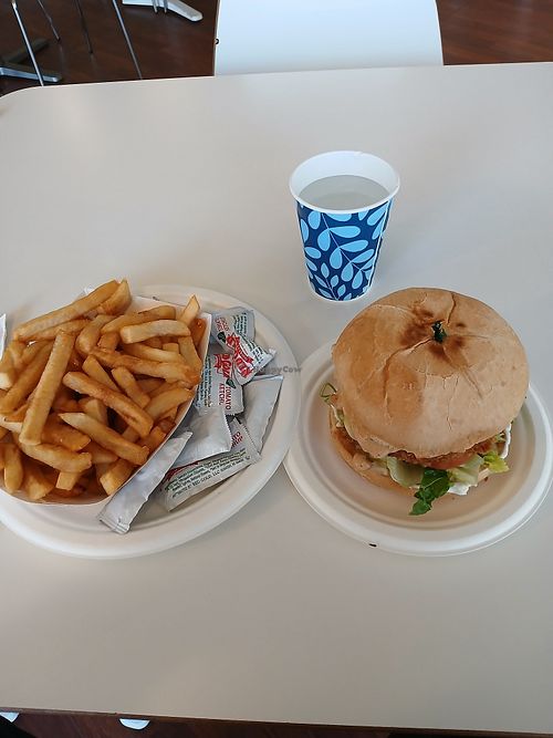 special of vegan crab burger and fries. at Loving Hut in Reynoldsburg