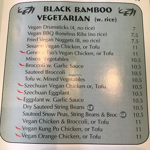 Veg menu at Black Bamboo in West Hartford