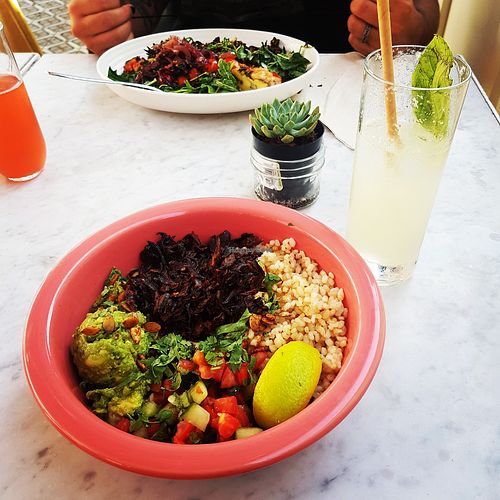 Mucho bowl and lemonade x at Cafe Gratitude- Larchmont in Hollywood