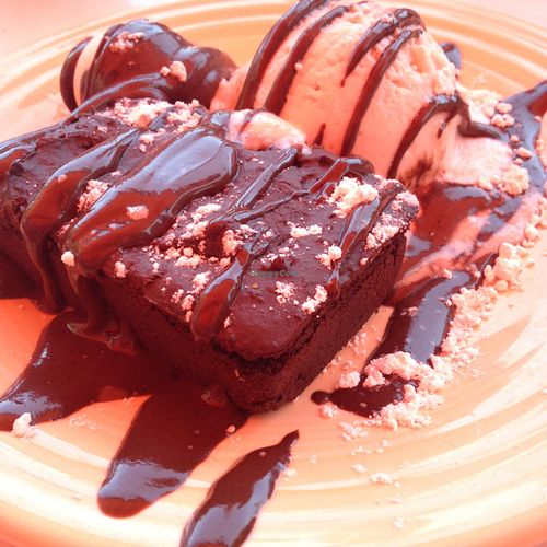 'I am surrendering' - gluten-free chocolate brownie with coconut-cashew ice cream at Cafe Gratitude- Larchmont in Hollywood