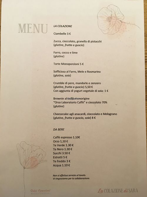 Menu at La Colazione di Sara in Turin