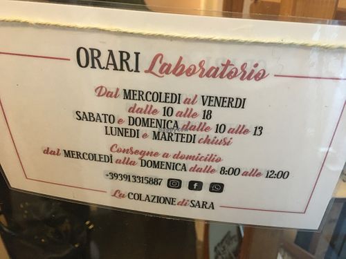 Opening hours at La Colazione di Sara in Turin