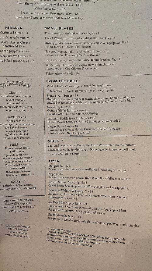 Food Menu at Wilding in Salisbury