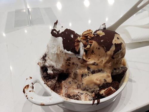 warm brownie with lychee and salted caramel vegan ice cream flavors. super brownie. at Heaven Creamery - Rino in Denver
