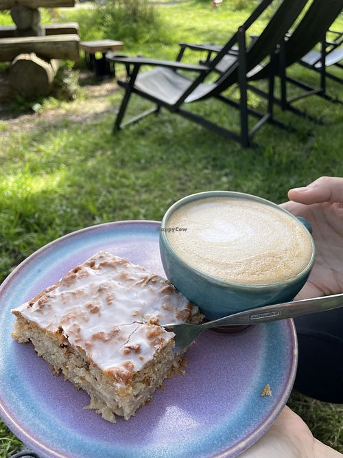 Vegan apple cake and oat cappuccino  at Birklein Picknick-Station in Nieby