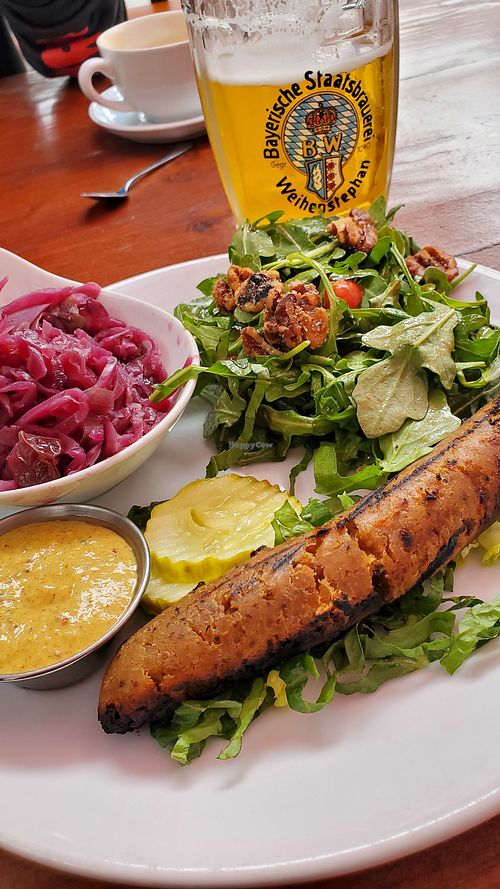 Red cabbage, arugula salad and vegan sausage at Wirtshaus in Los Angeles