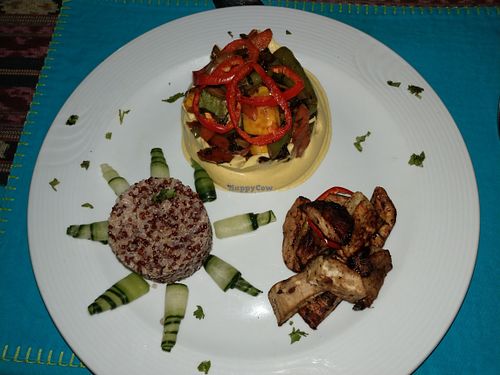 Veggies over a sauce of cauliflower cashew with fresh turmeric with fresh Indonesian nutmeg from Bali with a side of mixed quinoa and baked sweet potato apples  at Waterfall Villas in Dominical