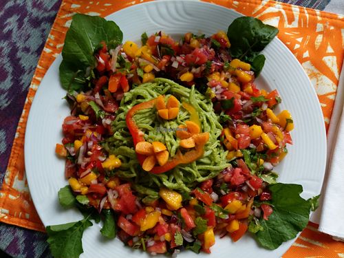 Chayote noodles in green cilantro basil mint sauce with a chimichurri of mango tomatoes, red onion and golden berries at Waterfall Villas in Dominical