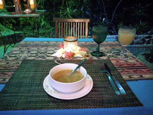 Starter Zucchini Soup (dinner always had a starter, entree and dessert) and that view!!! at Waterfall Villas in Dominical
