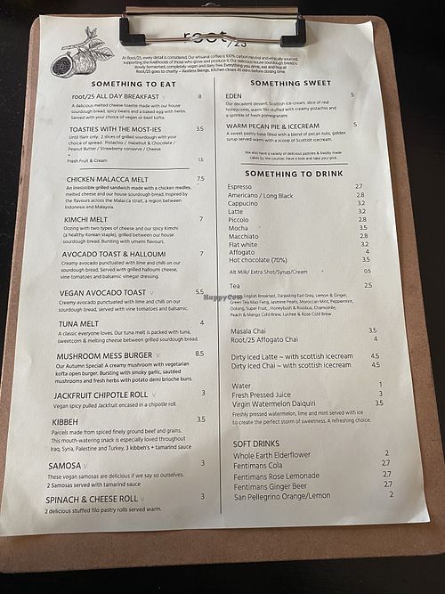 Menu at Root25 in East London