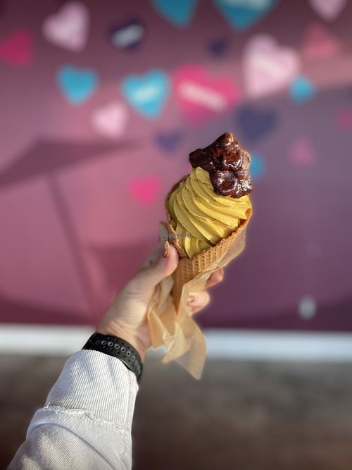 The best pumpkin soft serve you’ll ever have (with the Magic Shell in a gluten free waffle cone)  at Yoga-urt - Santa Monica in Santa Monica