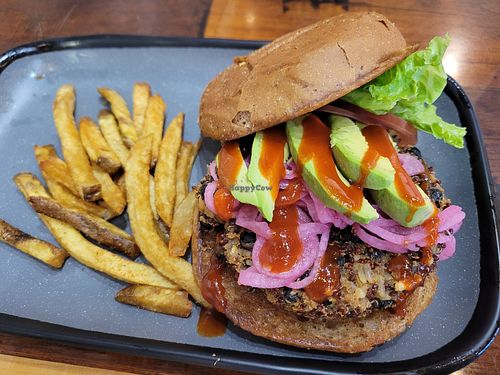 Vegabond burger with fries stolen off my husband's plate at Twisted Root Burger Co in Mansfield