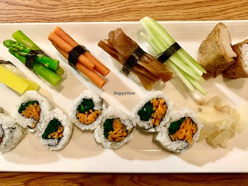Veggie Sushi Set - Top row: Oshinko (Pickled radish), asparagus, pickled carrot, Kampyo (pickled pumpkin), cucumber, Inari (fried tofu roll), Popeye roll. at Kabuki in Centerville