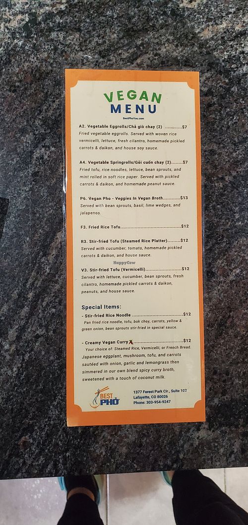Vegan menu at Best Pho in Lafayette