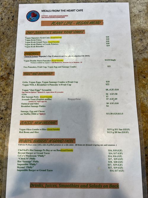 Vegan menu  at Meals From The Heart Cafe in New Orleans