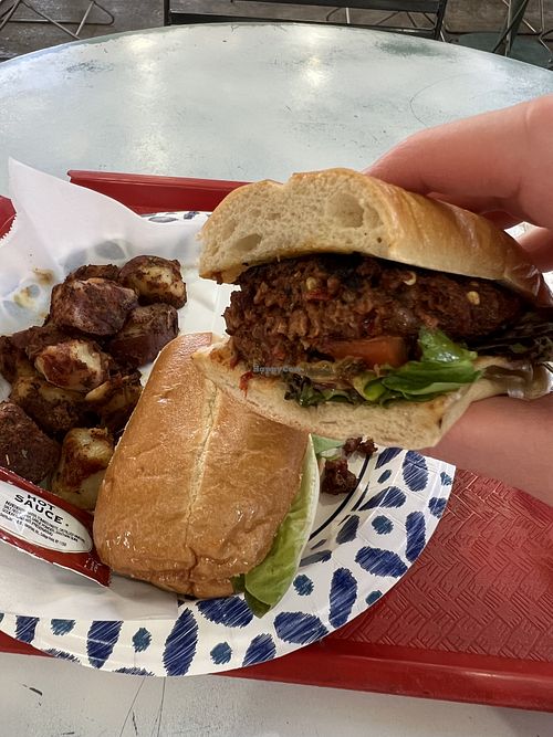 Spicy sausage po boy with Beyond Meat   at Meals From The Heart Cafe in New Orleans