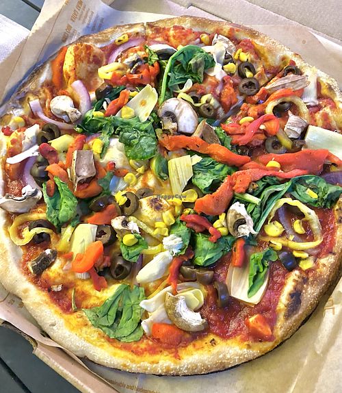 Design your own pizza with no cheese, spicy red sauce, and lots of veggies!  Really tasty! at Blaze Pizza in Fort Bliss