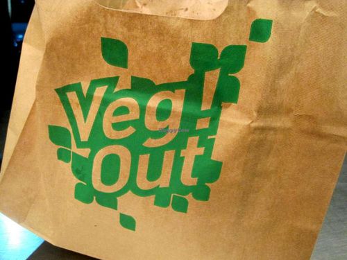 Cool brown bag to carry your food. at Maoz Vegetarian - Times Square in New York City