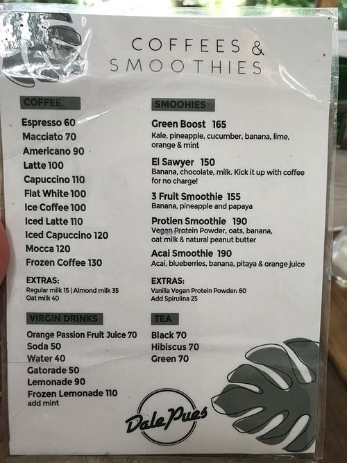coffee and smoothie menu (as of april 2025)  at Dale Pues in San Juan Del Sur