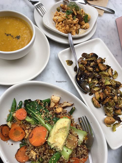 Butternut Squash Soup, Charred Cauliflower, Roasted Brussels Sprouts, Teriyaki Quinoa Bowl at True Food Kitchen in Reston