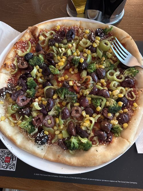 “Vegetarian” pizza — no cheese + extra olivess  at Instinct in Ohrid
