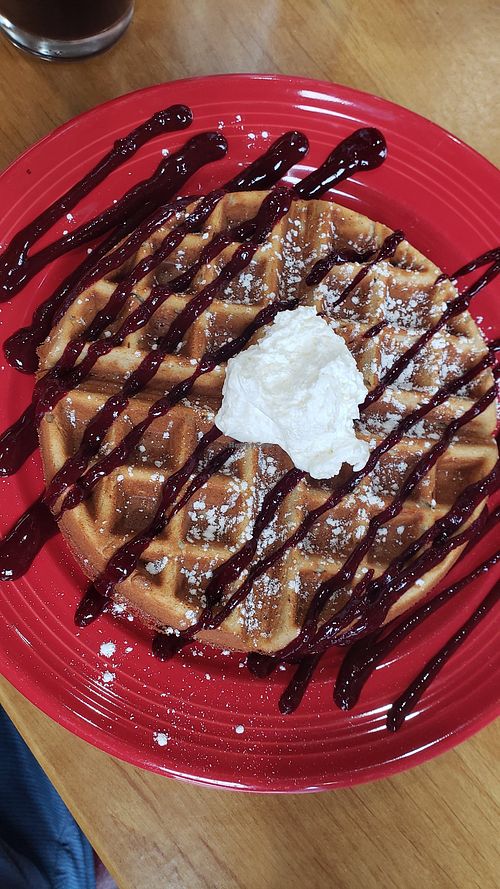 Classic Waffle with blackberry spread at The Grain Cafe in Van Nuys
