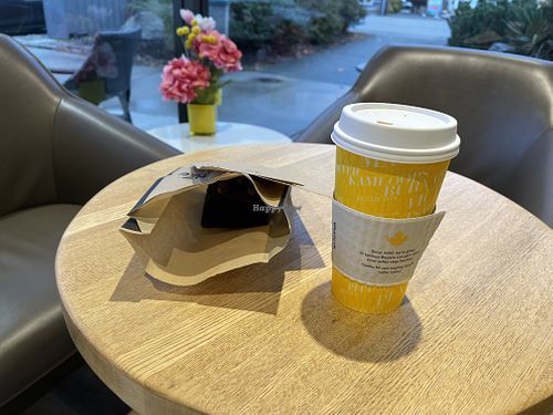 Vegan brownie and coffee with oat milk at Blenz Coffee in Richmond