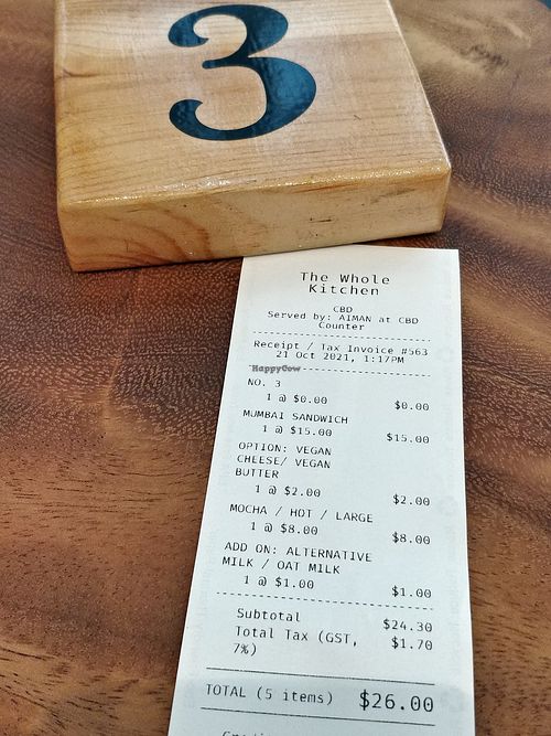 Receipt at The Whole Kitchen - Robinson Rd in Central Singapore
