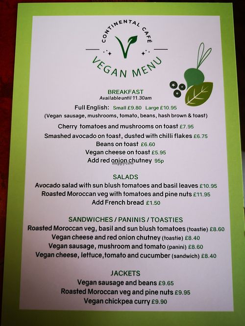 Separate Vegan Menu at Continental Cafe in Maldon