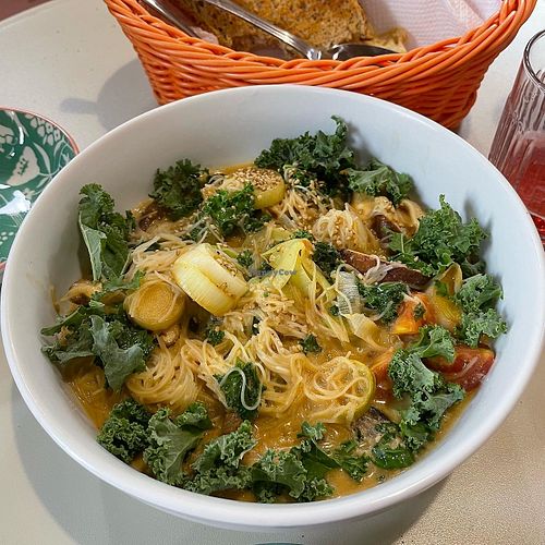 our pot with noodles, shitake, green kale and leek improvised in the moment  at Tienda Sana La Huerta de May Restaurante in Gran Canaria