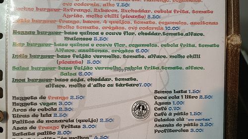 Menu. Has vegan nuggets #Veganuary at O Pátio Hamburgueria in Grandola
