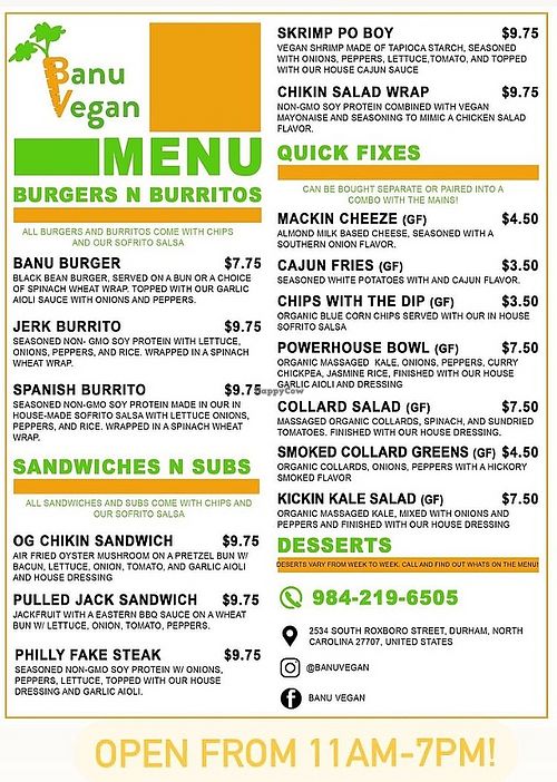 Menu at Banu Vegan in Durham