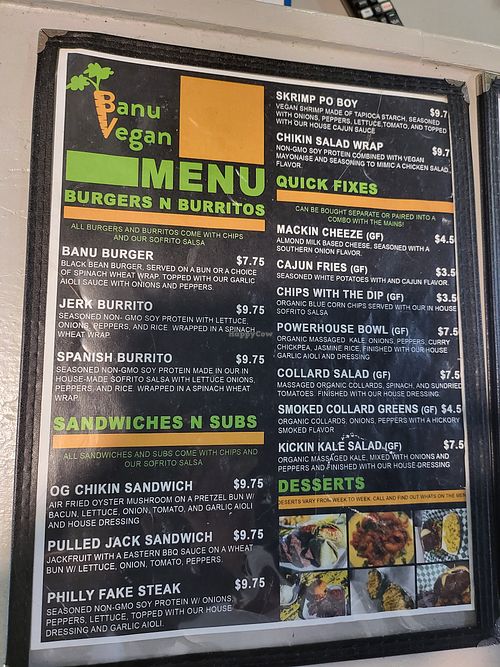 Menu at Banu Vegan in Durham