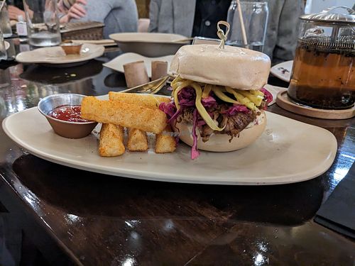 The lioness with side of yucca fries, House made ketchup at Mantra Kitchen in Houston
