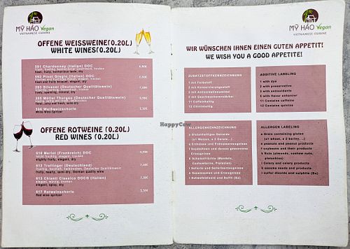 Menu page at My Hao at My Hao in Nuremberg