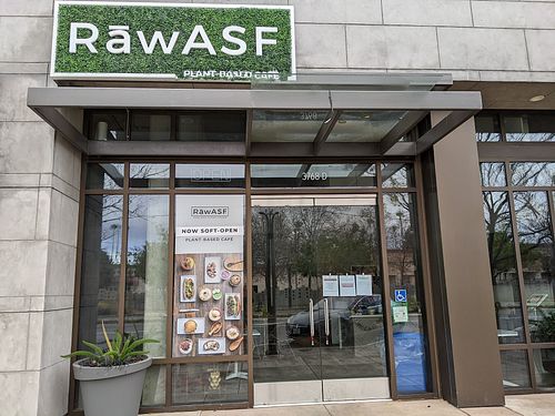 Entrance from street. There's limited street parking with electric chargers at RawASF in Fremont