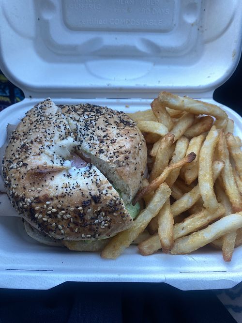 Avocado Koji-Turkey Bagel (with added Beyond Patty) and Fries - Totally Overloaded It - literally my lunch/dinner! Finally tried the Koji-Turkey, good but a little bland.  at RawASF in Fremont