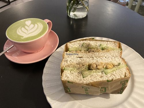“Tuna” mayo sandwich & matcha latté  at Sakura in Berlin