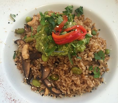 Rice mushrooms and guacamole topping at Avocado in Athens
