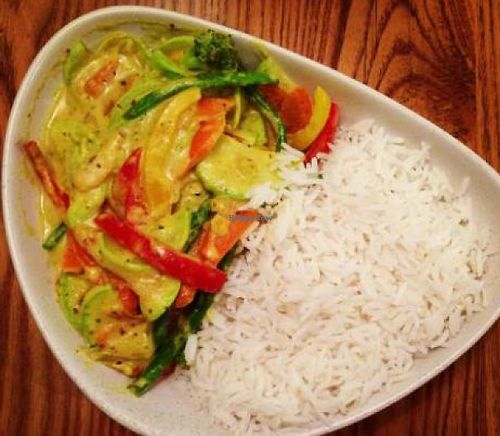 Om Shanti.Vegetable curry with coconut milk & basmati rice. at Avocado in Athens