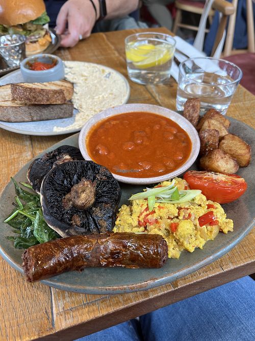 full english: scrambled tofu, sausage, grilled tomato, mushroom, spinach, maple baked beans, home fries, cherry tomato relish, onion caramel butter, sourdough toast  at Mallow - Borough Market in South East London