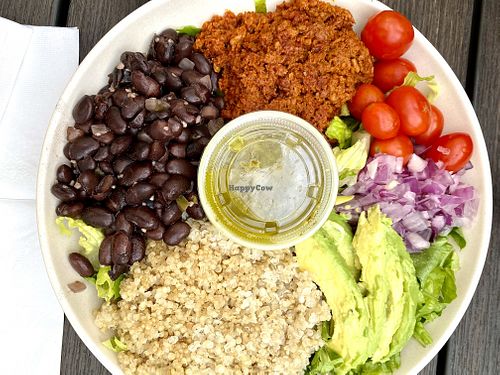 Avocado Lime Quinoa Bowl.  Soyrizo is not salty  at Guacamaya Oasis Plant Based Mexican Cuisine in Downey