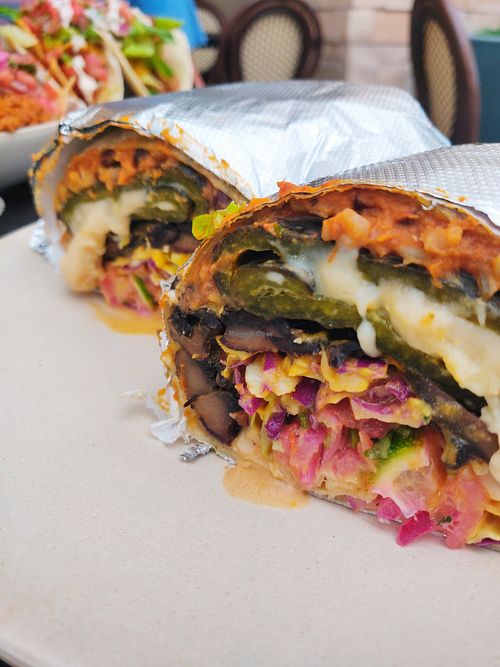 Chile relleno burrito! at Guacamaya Oasis Plant Based Mexican Cuisine in Downey