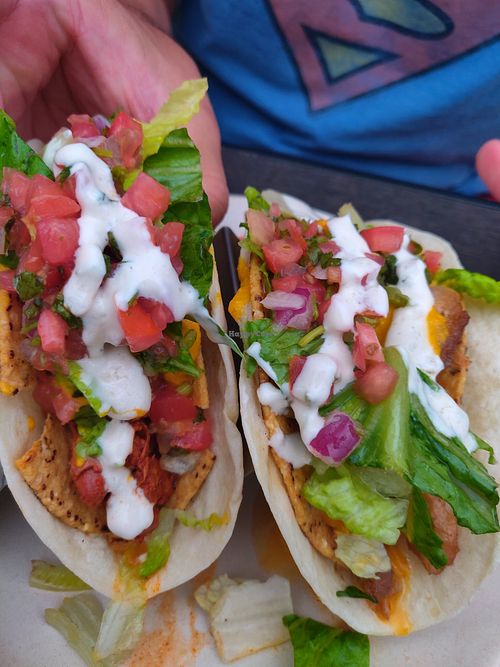 Tostacos, barbacoa and chicken at Guacamaya Oasis Plant Based Mexican Cuisine in Downey